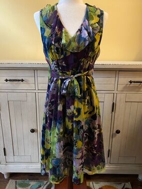 LOFT Floral Ruffled V-Neck Midi Dress in Purple, Green and Yellow